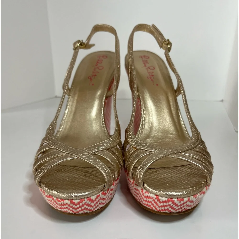Lilly Pulitzer Sophie Pink and Gold Chevron Slingback Open Toe Strappy Wedges 6M
